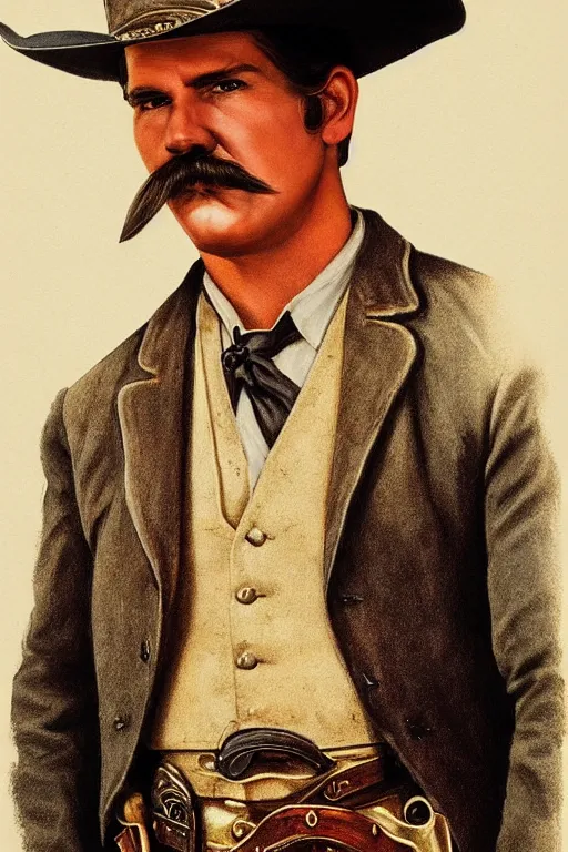 Image similar to highly photorealistic matte portrait of young val kimer as wyatt earp from tombstone set against a western town, intricate detail, attention to details, warm color scheme, volumetric lighting