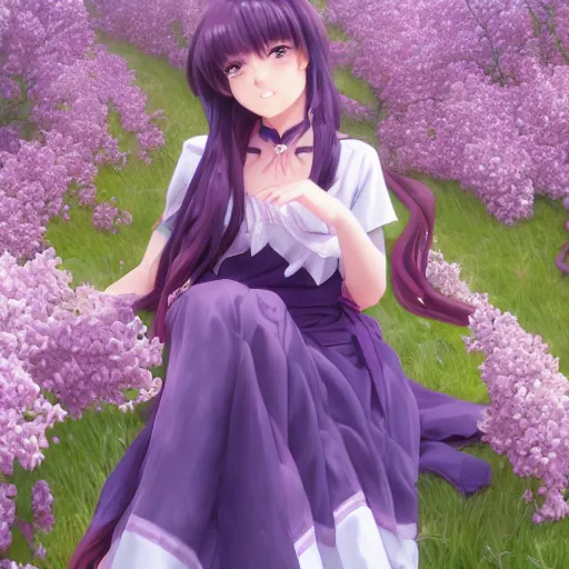 Prompt: portrait of a girl sitting at the field of lilac, anime fantasy illustration by tomoyuki yamasaki, kyoto studio, madhouse, ufotable, trending on artstation