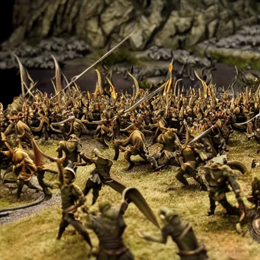 Image similar to photo taken of an epic battlefield diorama designed by weta workshops, an army of high elves battling a horde of orcs, with highly detailed 3 d printed characters, wide shot, photorealistic, sharp focus, f 0. 4, golden ratio, golden hour