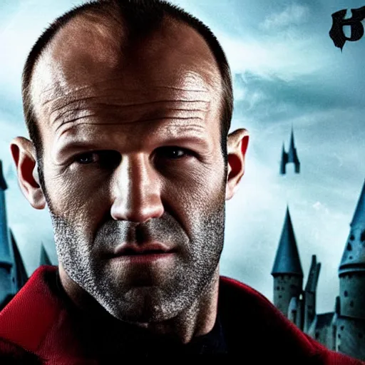 Prompt: jason statham as harry potter in hogwarts