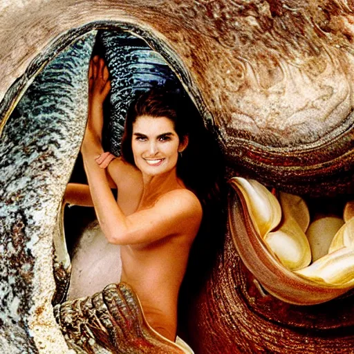 Image similar to Brooke Shields as Aphrodite climbing out of a giant open clam.