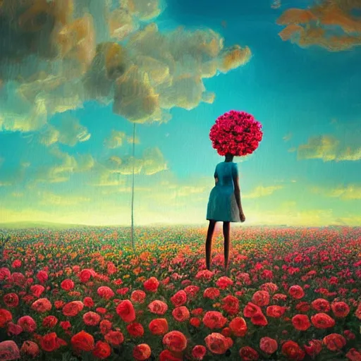 Image similar to giant rose flower head, full body girl standing in a flower field, surreal photography, sunrise, dramatic light, impressionist painting, colorful clouds, digital painting, artstation, simon stalenhag