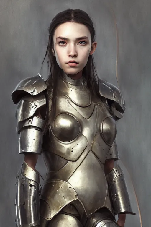 Image similar to a photorealistic painting of an attractive young girl, partially clothed in metal-plated battle armor, olive skin, long dark hair, beautiful bone structure, symmetrical face, perfect eyes, intricate, elegant, digital painting, concept art, illustration, sharp focus, minimal artifacts, from Metal Gear, in the style of Ruan Jia and Mandy Jurgens and Greg Rutkowski, trending on Artstation, award winning