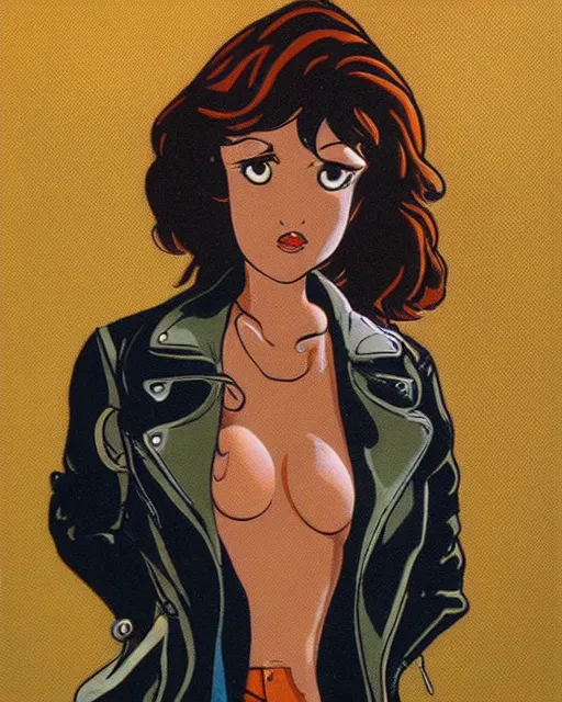 Image similar to young female protagonist in leather jacket, city street, artwork by ralph bakshi