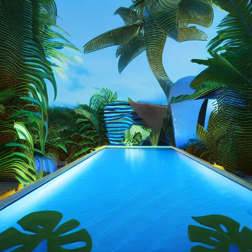 Image similar to a bar made with translucid fabric, swimming pool in front, parametric, blue hour, hyperrealistic, elevation, vray, unreal engine, lush tropical plants