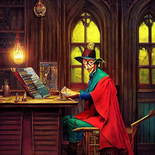 Prompt: Rincewind sits bored at his teacher's desk at the Hogwarts School of Witchcraft and Wizardry, detailed, hyperrealistic, colorful, cinematic lighting, character concept art by Paul Kidby and Jim Kay