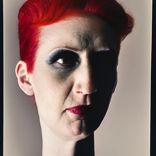 Image similar to a color photo portrait of a slender woman with red hair and a severe expression, sharp and narrow and crooked nose in the style of richard avedon, 7 5 mm lens, studio lighting.