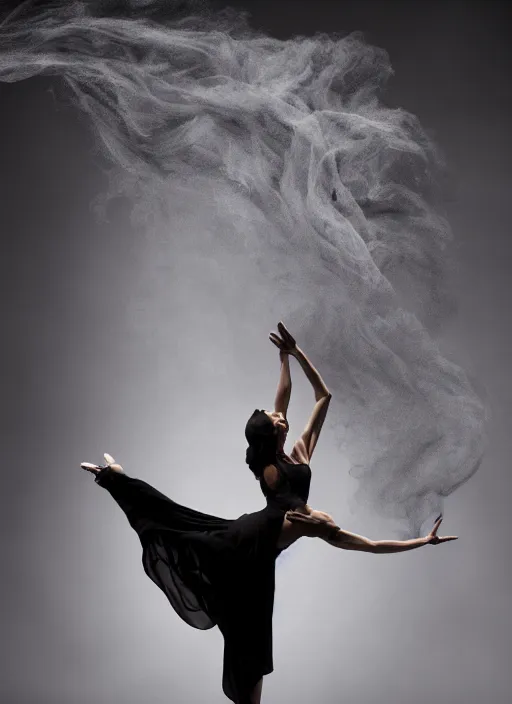 Image similar to a Photorealistic dramatic hyperrealistic render of a glamorous beautiful Female smoke dancer by Ken Brower and Deborah Ory of NYC Dance project,Lois Greenfield,Flowing cloth and smoke,Beautiful dynamic dramatic dark moody lighting,volumetric,shadows,cinematic atmosphere,Octane render,8K