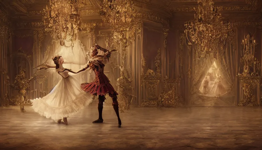 Prompt: the nutcracker and the ballerina dancing in an intricate detailed baroque room in the style of dark souls game series, hyperrealistic, breathtaking, octane render, epic composition, high resolution, Charlie Bowater, Tom Bagshaw, Norman Rockwell, insanely detailed and intricate, trending on artstation, masterpiece, 8k