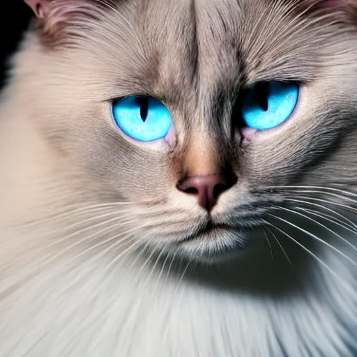 Image similar to full-body studio photograph of a birman cat, clear ice-blue eyes, warm brown colorpoints, hd, studio lighting, stock photo, longhaired, anatomically accurate