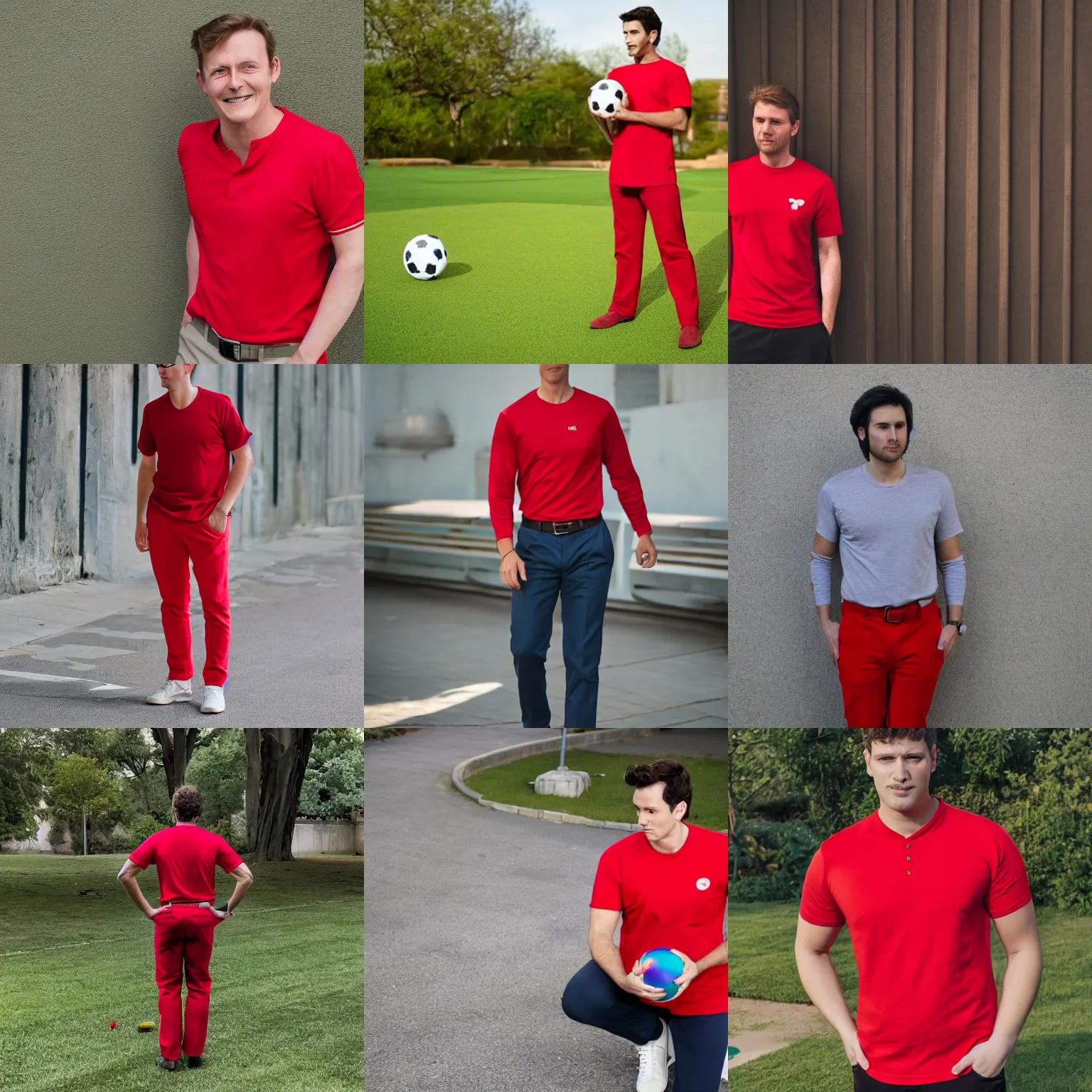 Prompt: a red shirt, trousers, a ball