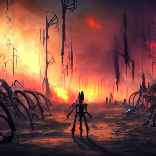 Image similar to apocalyptic futuristic world, sunset, skeletons rising from the ground, colorful sky, distant burning fires, skeleton walking around, destroyed buildings, street view, concept art, fantasy, illustration, 8 k, high detail, artstation award