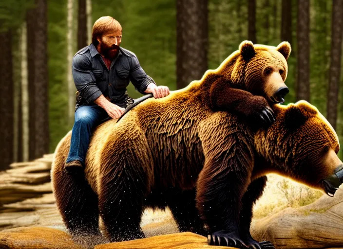 Prompt: photo of chuck norris riding his grizzly bear, in the forest. horror style. highly detailed 8 k. intricate. life - like. soft light. sony a 7 r iv 5 5 mm. award winning photography.