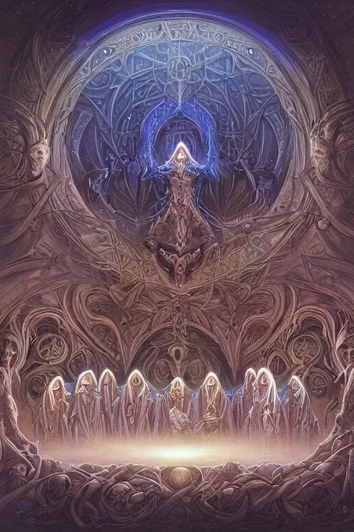 Image similar to a quantum computer surrounded by a dark cabal of hooded elven mystics with long robes gathered in a circular formation, michael whelan, dan seagrave, boris vallejo