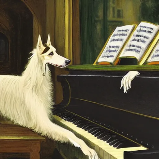 Image similar to Detailed art of a borzoi dog in a sharp suit playing a piano in a Gothic Mansion