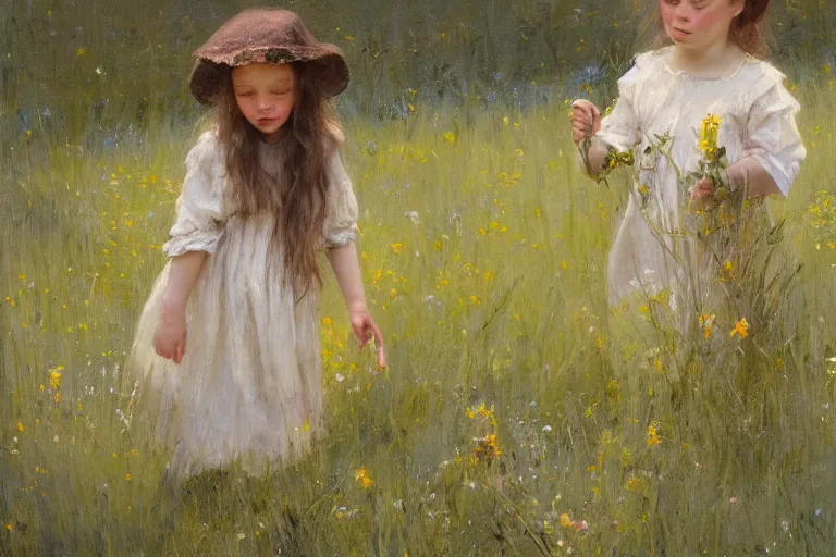 Image similar to little girl in summer dress, plucking wild flowers, sunlight, jeremy lipking, joseph todorovitch