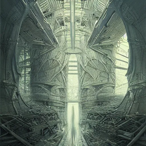 Image similar to inside epic futuristic structure by raymond swanland and zdzisław beksinski, highly detailed