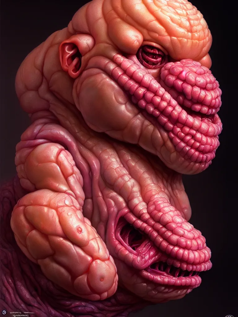 Prompt: hyperrealistic rendering, fat smooth cronenberg flesh monster baby by donato giancola and greg rutkowski and wayne barlow and zdzisław beksinski, product photography, action figure, sofubi, studio lighting, colored gels