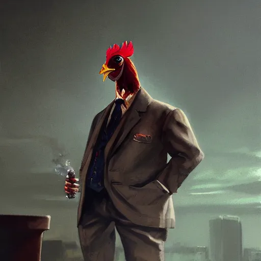 Prompt: a chicken wearing a suit smoking a cigar, dramatic lighting, cinematic, establishing shot, extremly high detail, photorealistic, cinematic lighting, artstation, style by James Gurney