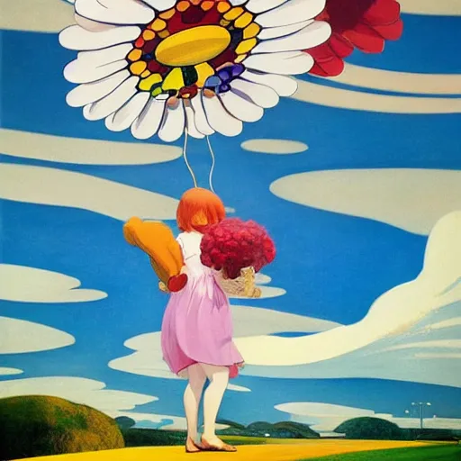 Prompt: Giant flowers fly through the air, as a tornado approaches, by Takashi Murakami, Edward Hopper, Bo Bartlett, and Cynthia Sheppard, Artstation