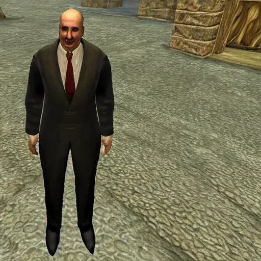 Image similar to Alexander Lukashenko wearing a suit and tie in Balmora in Elder Scrolls III: Morrowind, outdated 2002 Morrowind graphics, low definition, lowpoly