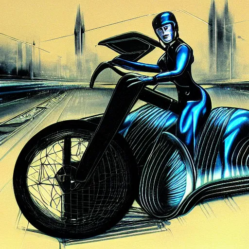 Prompt: painting of a female cop riding a futuristic motorcycle from tron by h. r. giger