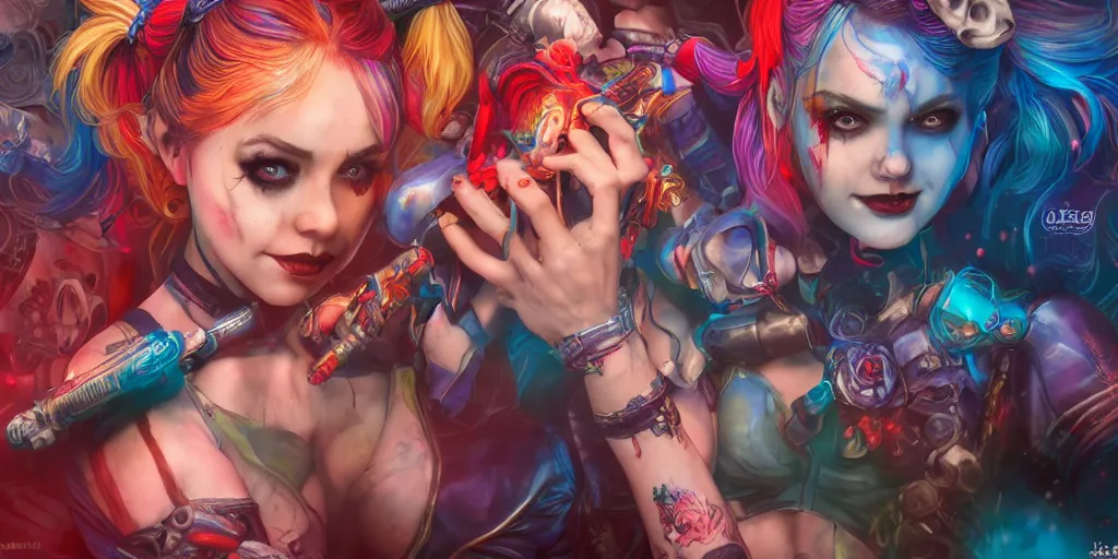 Prompt: dreamscape, harley quinn, ross tran, vivid colors, anatomical, highly detailed sculpture, intricate detailed, ommatidia, 8 k, cinematic atmosphere, post - processing