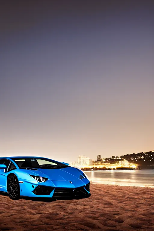 Image similar to Photo of a Lamborghini Aventador, Bondi Beach in the background, high resolution, award winning, highly detailed, night, volumetric lighting, 35mm lens.