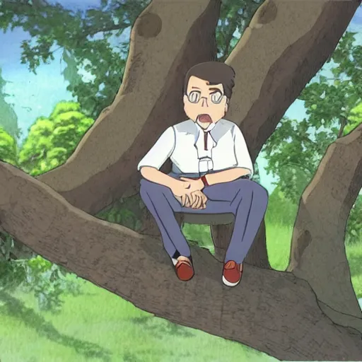 Prompt: president gabriel boric sitting at a tree made by studio ghibli, detail, high quality, detailed, beautiful scene, smooth, high quality lights