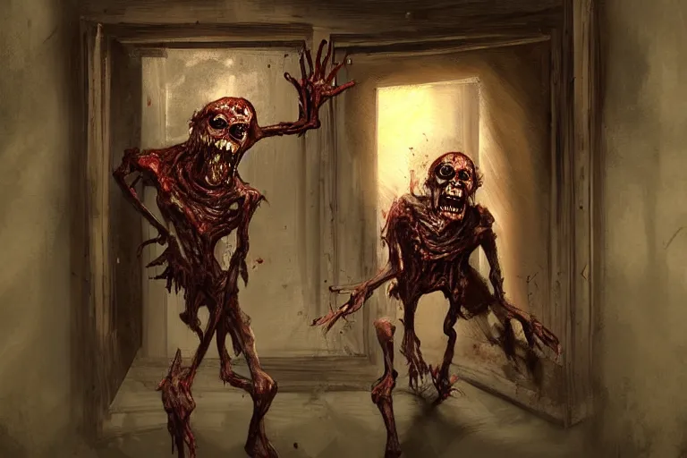Prompt: a painting of a zombie coming out of a door, concept art by dave melvin, featured on deviantart, fantasy art, concept art, grotesque, creepypasta