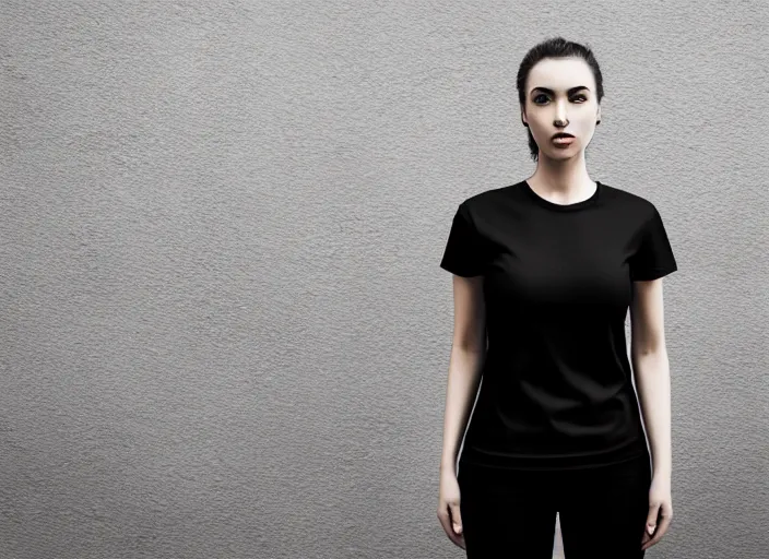 Image similar to clear photorealistic mockup product photograph of a blank black tshirt on an attractive female model in front of an urban background