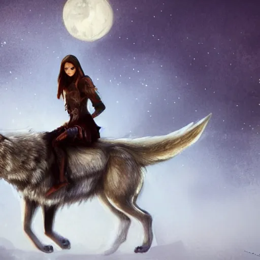 Image similar to a girl riding a wolf, trending on artstation