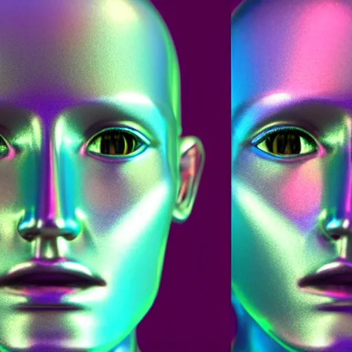 Image similar to 3d render of holographic human robotic head made of glossy iridescent, surrealistic 3d illustration of a human face non-binary, non binary model, 3d model human, cryengine, made of holographic texture, holographic material, holographic rainbow, concept of cyborg and artificial intelligence