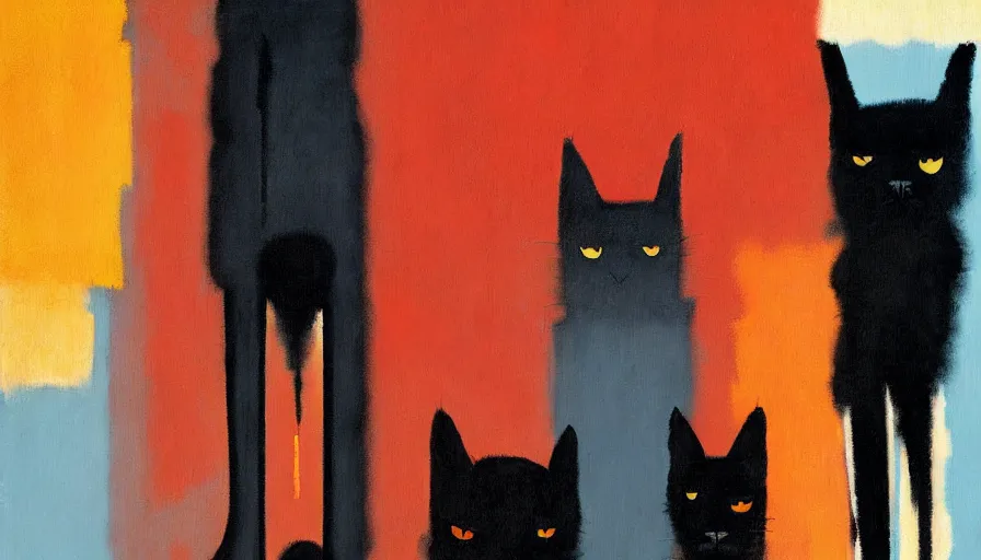 Image similar to contemporary semi abstract acrylic painting of really tall cats by rothko, by greg rutkowski, kessler art, thick brush strokes and visible paint layers, multicolor color scheme