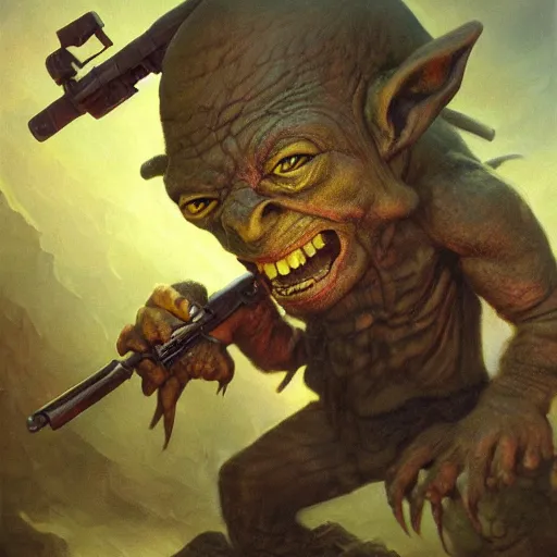 Prompt: beautiful realistic fantasy painting of a goblin wielding a pulpy fantasy gun, by pascal blanche and Frazetta and Beksinski, volumetric lighting, trending on art station, polarizer filter