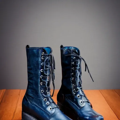 Image similar to Gothic boots, studio shot isolated on blue background. 8k