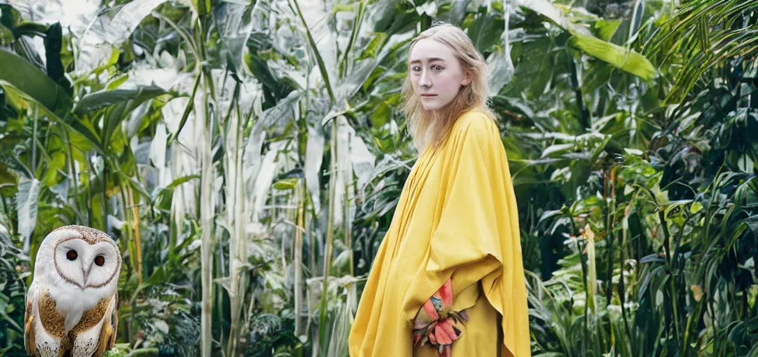 Image similar to A medium format portrait shot on graflex of Saoirse Ronan wearing a yellow kimono in a tropical greenhouse, she has a very detailed barn owl on her shoulder, bokeh