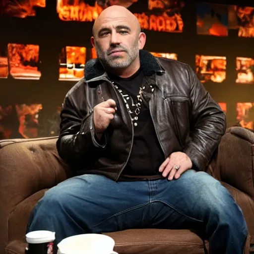 Prompt: a grizzly bear wearing a leather jacket as a guest on the joe rogan podcast