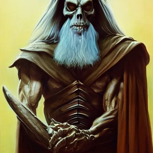 Prompt: ultra realistic portrait painting of skeletor as gandalf, art by frank frazetta, 4 k, ultra realistic, highly detailed, epic lighting