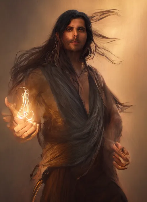 Prompt: portrait of a man with long black hair in brown rags holding a glowing device, fantasy, digital painting, volumetric light, intricate, sharp, focus, bloom, illustration, highly detailed, concept art, matte, ruan jia, randy vargas, greg rutkowski