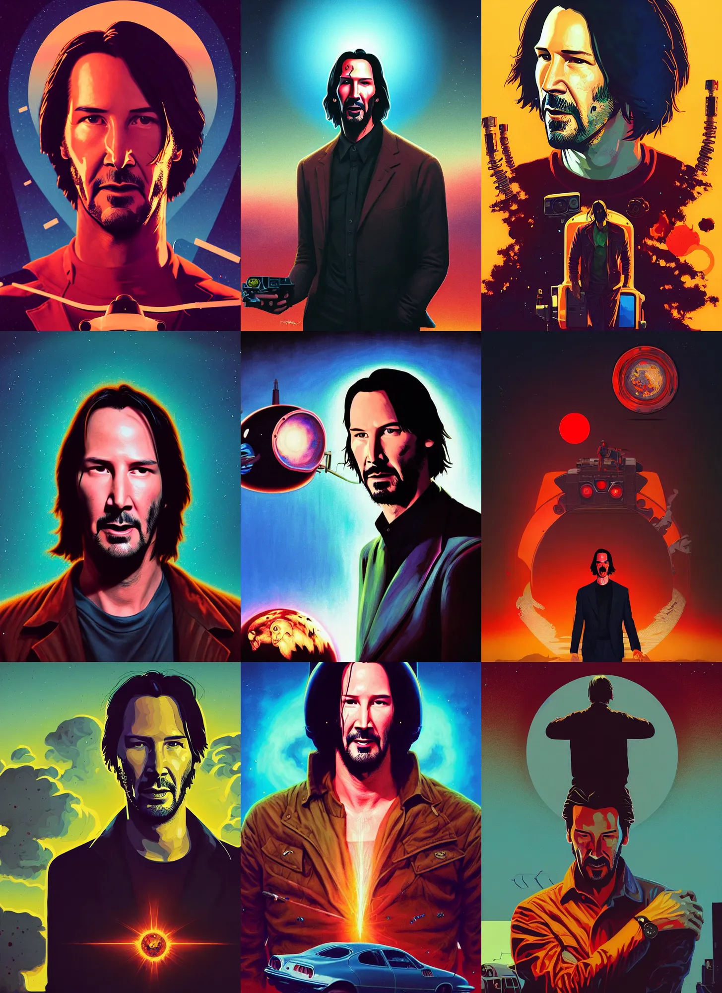 Prompt: retrofuturistic portrait of keanu reeves as zombie in front of atomic bomb explosion, backlighting, space graphics art in background, close up, quint buchholz, wlop, dan mumford, artgerm, liam brazier, peter mohrbacher, raw, featured on artstation, octane render, cinematic, elegant, intricate, 8 k