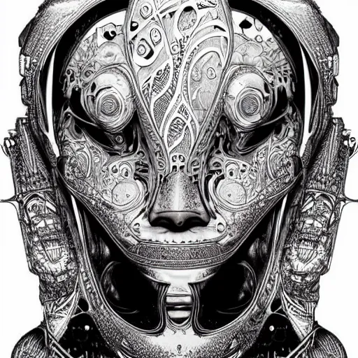 Image similar to an intricate, detailed ink sketch of the face of a robot, metal skin with some scratches, dramatic lighting, art nouveau, by Joe Fenton