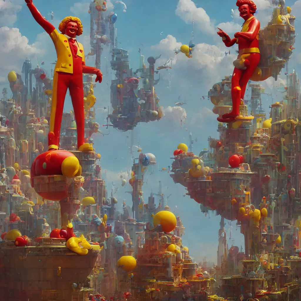 Image similar to ronald mcdonald statue in the world by beeple, darek zabrocki, tyler edlin, jordan grimmer, neil blevins, james paick, natasha tan, highly detailed, ultra detailed, ultra realistic, trending on artstation