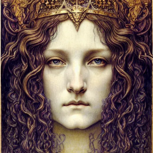 Image similar to detailed realistic beautiful young medieval queen face portrait by jean delville, gustave dore and marco mazzoni, art nouveau, symbolist, visionary, gothic, pre - raphaelite. horizontal symmetry