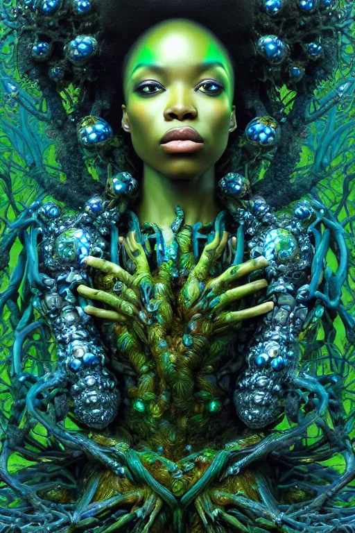 Image similar to hyperrealistic neo - baroque super expressive! black woman with exoskeleton armor, merging with tree in a forest, highly detailed digital art masterpiece smooth cam de leon hannah yata dramatic pearlescent blue green light ground angle hd 8 k sharp focus