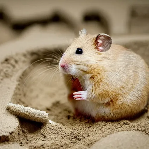 Prompt: Photo of a hamster making a sandcastle, highly-detailed 4K award-winning