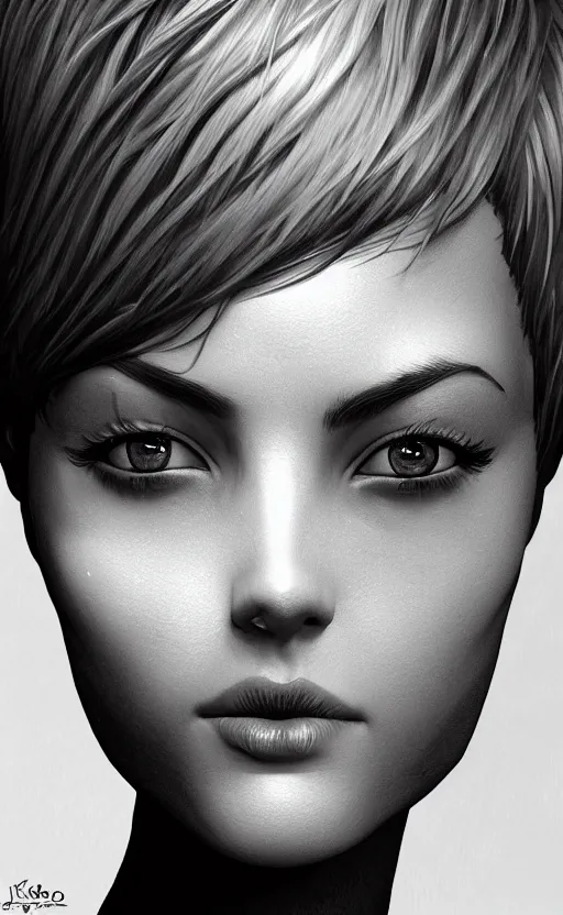 Image similar to up close portrait of a beautiful woman in black and white, photorealistic, pixie cut, intricate hair, rule of thirds, art by diego fazio and diegoKoi and oscar Ukono, concept art, sharp focus, artgerm, 8k highly detailed