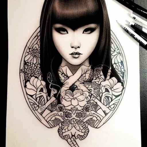 Image similar to tattoo design, stencil, traditional Japanese, beautiful portrait of a girl by artgerm, artgerm