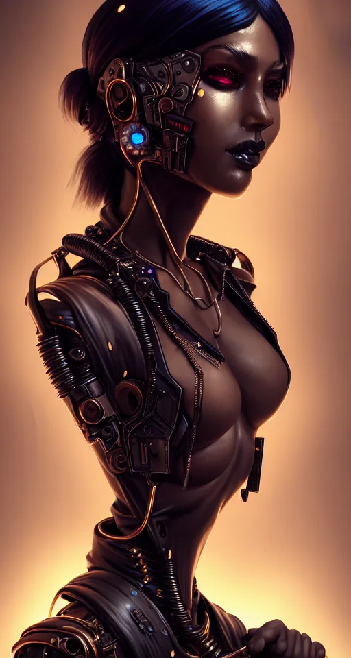 Image similar to soft lustrous ebony dark biotech raver gothic cyborg gutter punk, earbuds, golden ratio, details, scifi, fantasy, cyberpunk, intricate, decadent, highly detailed, digital painting, octane render, artstation, concept art, smooth, sharp focus, illustration, art by artgerm, loish, wlop