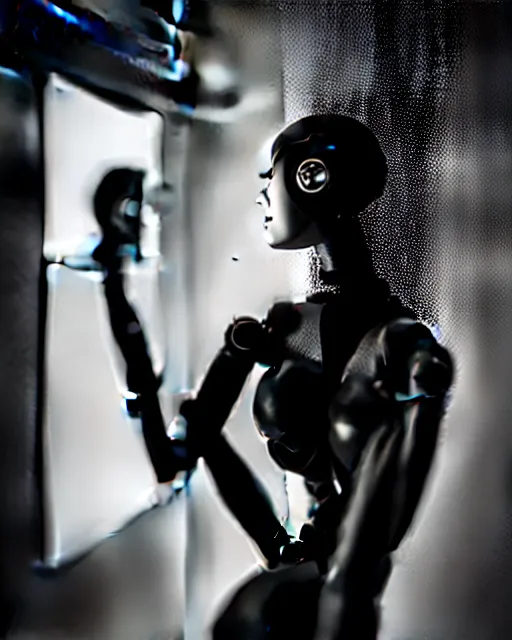 Prompt: black and white high quality photo of a female AI-cyborg-doll looking into a sci-fi mirror, volumetric lighting, hyperdetailed, photorealistic, masterpiece, elegant, dark, in the style of Man Ray,